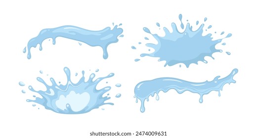 Set of blue water drops and splashes on a white background. Clipart set. Vector