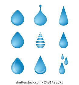 Set of blue water drops. Vector illustration