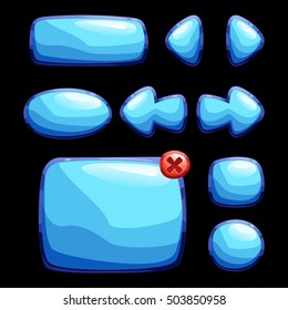 Set of blue, water glossy buttons, panel and arrows for GUI design. Cute cartoon underwater game assets vector illustration.