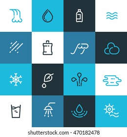 Set of blue water line icons. Vector water elements. Alternative energy source. 