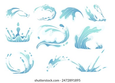 Set of blue water splash magical effect for games water flow vector illustration isolated on white background