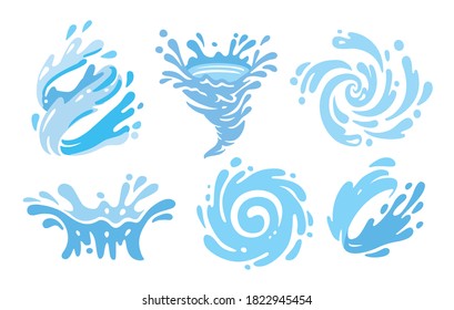 set of blue water splashes with drops