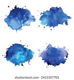 Set aus blauem, abstraktem Hintergrund. Aquarellfarben spritzen auf weißem Hintergrund. 