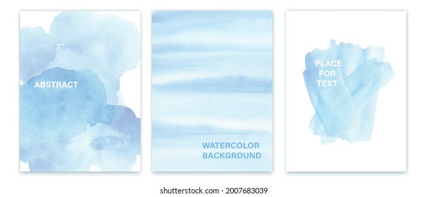 Set of blue watercolor abstract backgrounds. Sea, water hand painted texture. 