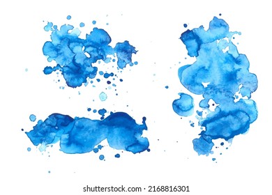 Set of blue watercolor abstract backgrounds, forms, design elements. Water drops, splatters. Colorful hand painted textures, washes.