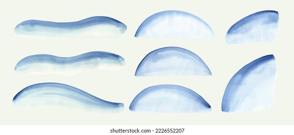 Set of blue  watercolor abstract design elements, textures, backgrounds. Waves, brush strokes, semicircles.