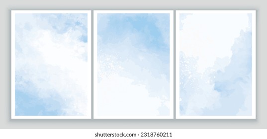 Set of blue watercolor backgrounds for stories, art banner with copy space for design, texture painting card, contemporary pattern. Vector illustration, modern template for invitation, decoration