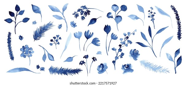 Set of blue watercolor botanical elements, plants, branches, flowers. Hand painted decorative floral collection.