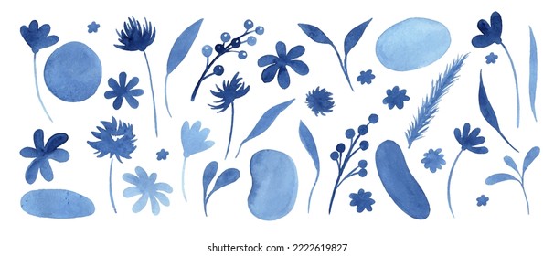 Conjunto de elementos botánicos de acuarela azul, plantas, ramas, flores. Colección floral decorativa pintada a mano.