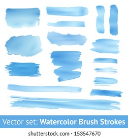 Set of blue watercolor brush stroke isolated on white background. Vector illustration for grunge design. Hand painted stain. Gradients with overlay. Size can be increased with quality preservation