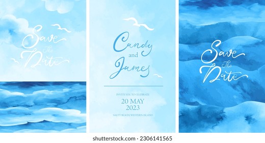 Set of blue watercolor cards. Sea view, sky, waves. Romantic background with place for text.  svg