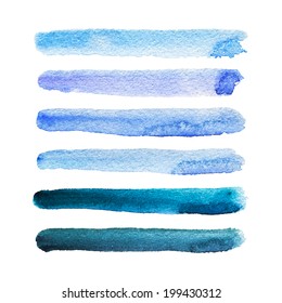 Set of blue watercolor hand painted stripes. Vector illustration.