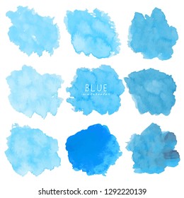 Set of blue watercolor on white background, Brush stroke watercolor, Vector illustration.