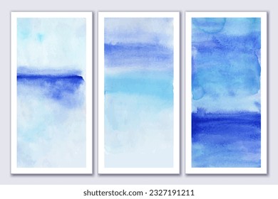 Set mit blauen Aquarellfarben, weichen Farbverlauf-Kunstplakaten. Wandgemälde-Design. Abstrakte Landschaft. Meer, Meerblick, Himmel. Ruhige, helle Farben. Innenarchitektur.