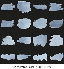 Set of blue  watercolor stain, brush, spot, blotch, spray isolated on white background