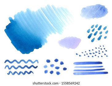 Set of blue Watercolor stains isolated on a white background. Different brush, Stripes, lines, circles, dots, waves, prints, backgrounds. Vector stock illustration. Watercolor splash collection