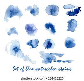 Set Of Blue Watercolor Stains. Vector Illustration