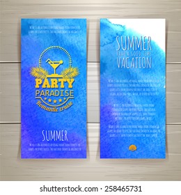 Set of blue watercolor summer banners with cocktail