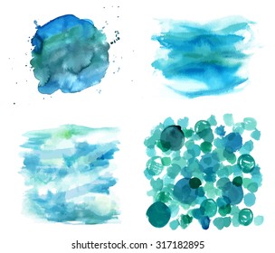 A set of blue watercolor textures representing water, wind and sky, design elements or abstract backgrounds, scalable vector graphic