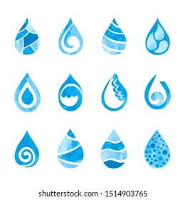 Set of blue watercolor water drops isolated on white. Vector icons