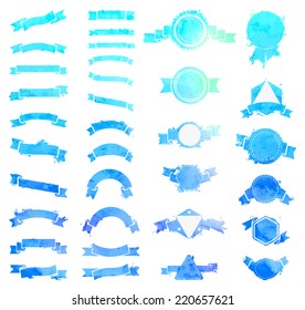 Set of  blue watercolour vintage round, triangle and hexagon badges and ribbons. Grunge design elements isolated on white background. Vector illustration. There is place for your text.