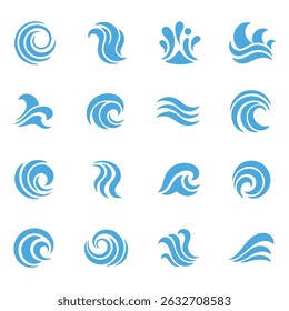 Set of blue waves and splashes of water, wavy nature symbols in motion vector illustrations.
