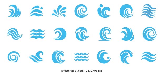 Set of blue waves and splashes of water, wavy nature symbols in motion vector illustrations.