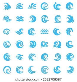 Set of blue waves and splashes of water, wavy nature symbols in motion vector illustrations.