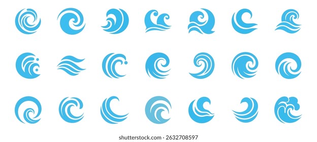 Set of blue waves and splashes of water, wavy nature symbols in motion vector illustrations.