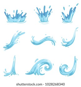 Set of blue waves and water splashes, wavy symbols of nature in motion vector Illustrations