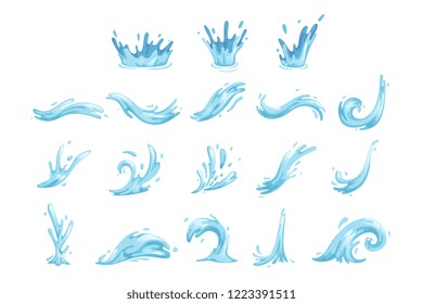 Set of blue waves and water splashes, wavy symbols of nature in motion vector Illustrations