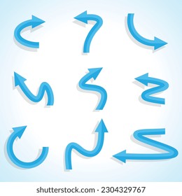 Set of blue wavy arrow isolated on gradient background, vector illustration.