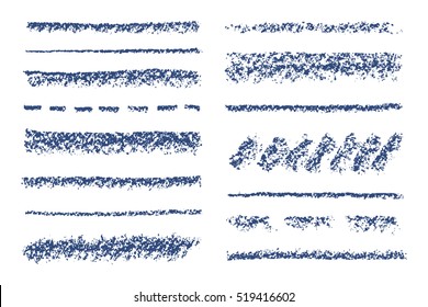 Set Of Blue Wax Crayon Strokes Isolated On White. Hand Drawn Pastel Chalk Circle Stripes Background. Vector Kids Hand Painting Texture Design Elements. 