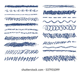 Set Of Blue Wax Crayon Strokes Isolated On White. Hand Drawn Pastel Chalk Line Stripes Background. Vector Kids Hand Painting Texture Design Elements. 