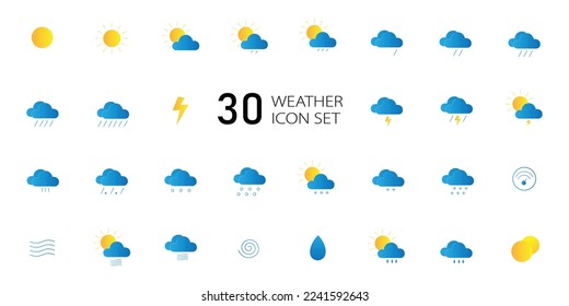 set of blue weather or meteorological icons  with seasons, sun, rain, clouds, cyclone, winter freeze, lightning and wind isolated on white, editable vector illustration for ui ux design 