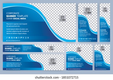 Conjunto de plantillas de banners Web azules, tamaños estándar con espacio. Ilustración del vector