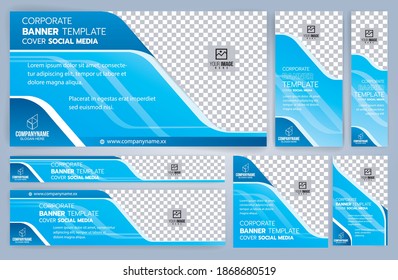 Conjunto de plantillas de banners Web azules, tamaños estándar con espacio. Ilustración del vector