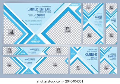 Conjunto de plantillas de banners Web azules, tamaños estándar con espacio. Ilustración del vector