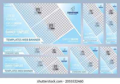 Conjunto de plantillas de banners Web azules, tamaños estándar con espacio. Ilustración del vector