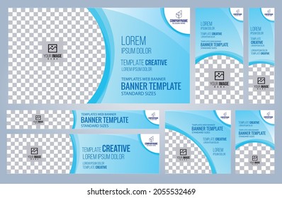 Set of Blue Web banners templates, Standard sizes with space. Vector illustration