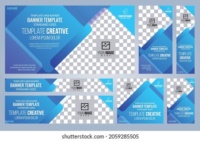 Conjunto de plantillas de banners Web azules, tamaños estándar con espacio. Ilustración del vector