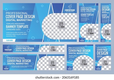 Set of Blue Web banners templates, Coverpage Standard sizes with space. Vector illustration