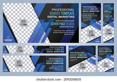 Set of Blue Web banners templates, Coverpage Standard sizes with space. Vector illustration