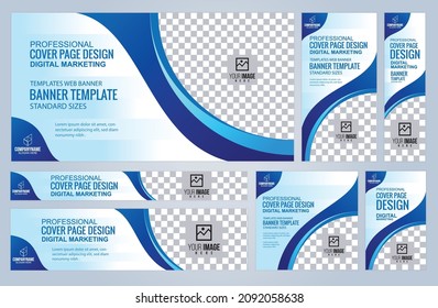 Set of Blue Web banners templates, Coverpage Standard sizes with space. Vector illustration