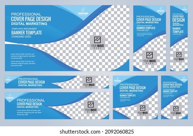 Set von Blue Web-Banner-Vorlagen, Coverpage Standard Größen mit Leerzeichen. Vektorgrafik
