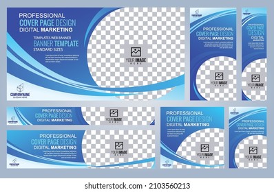 Conjunto de plantillas de banners Web azules, tamaños estándar de cobertura con espacio. Ilustración del vector