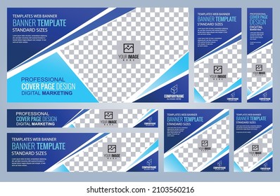 Conjunto de plantillas de banners Web azules, tamaños estándar de cobertura con espacio. Ilustración del vector