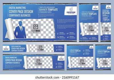 Set of Blue Web banners templates, Coverpage Standard sizes with space. Vector illustration