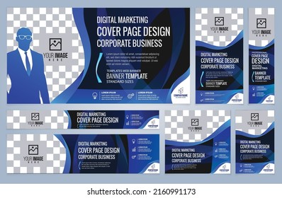 Set of Blue Web banners templates, Coverpage Standard sizes with space. Vector illustration