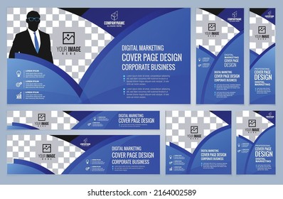 Set of Blue Web banners templates, Coverpage Standard sizes with space. Vector illustration